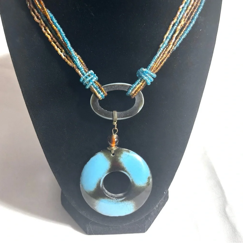 Turquoise Blue & Amber Brown Boho Seed Bead Pendant Statement Necklace